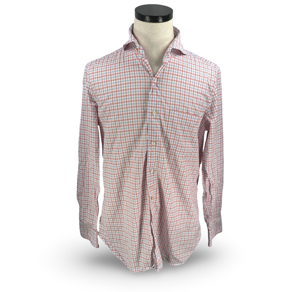 Finamore Napoli Mens Large Red Blue Gingham Cotton Spread Collar Shirt Italy